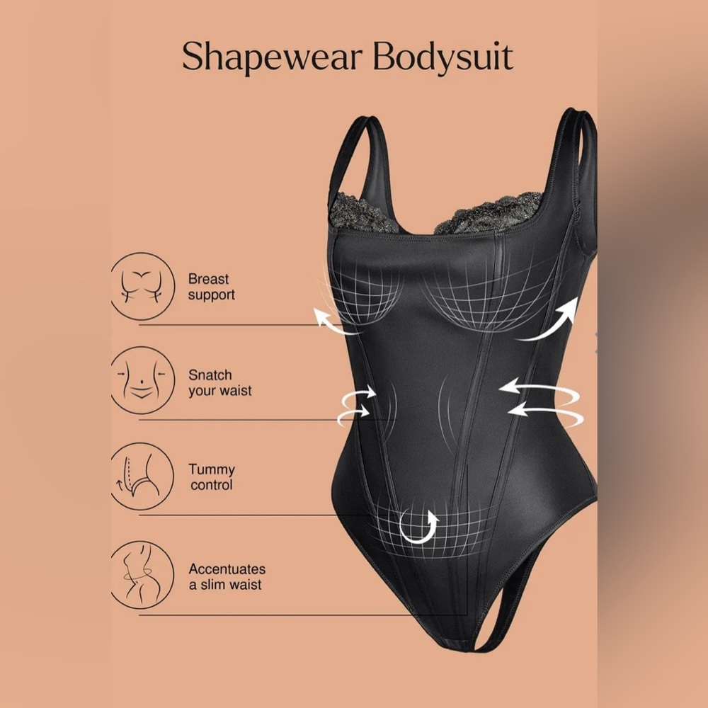 Popilush Shapewear Sculpting Faux Leather Lace Bodysuit - Picture 2 of 9